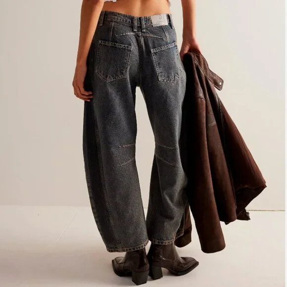 Free People Baggy Jeans Womens 26 Blue Ian Indigo Lucky You Mid Rise Barrel - Picture 2 of 7